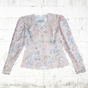 80s Vintage Pastel Pink Floral Lace Blazer | Romantic Statement Jacket | Size 8 Medium | Feminine Cottagecore Retro Style