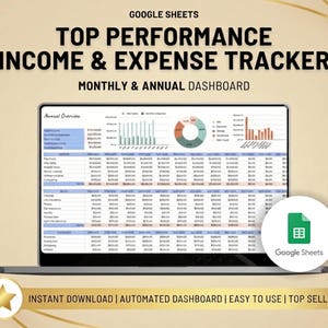 Könnte beinhalten: Ein Laptop zeigt eine Google Sheets-Tabelle mit dem Titel "TOP PERFORMANCE INCOME & EXPENSE TRACKER". Der Bildschirm zeigt ein monatliches und jährliches Dashboard mit Diagrammen und Datentabellen. Das Bild enthält das Google Sheets-Logo und den Text: "SOFORTIGER DOWNLOAD | AUTOMATISIERTES DASHBOARD | EINFACH ZU BEDIENEN | TOPSELLER."
