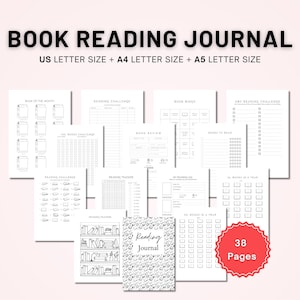 Könnte beinhalten: Ein Satz druckbarer Buchlese-Journalseiten mit Leseherausforderungen, Rezensionen und Trackern. Erhältlich in US Letter, A4 und A5 Größen. Das Cover ist weiß mit einem schwarzen Muster und dem Schriftzug "Reading Journal". Das Journal hat 38 Seiten.