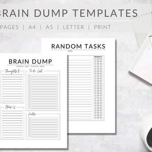 May include: A printable brain dump template with four sections: Thoughts, To-Do List, Ideas, and Notes. There is also a separate printable page for random tasks with a priority column.