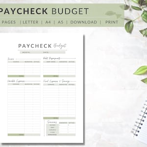 May include: A printable budget worksheet titled "Paycheck Budget" with sections for income, debt repayment, variable expenses, fixed expenses and savings, and a summary. The worksheet is designed for tracking monthly finances.
