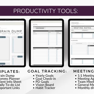 May include: Three digital tablets displaying productivity tools. The tablets show templates for Brain Dumps, goal tracking, and meeting notes. Text on the image includes "Productivity Tools," "Templates," "Goal Tracking," and "Meetings."
