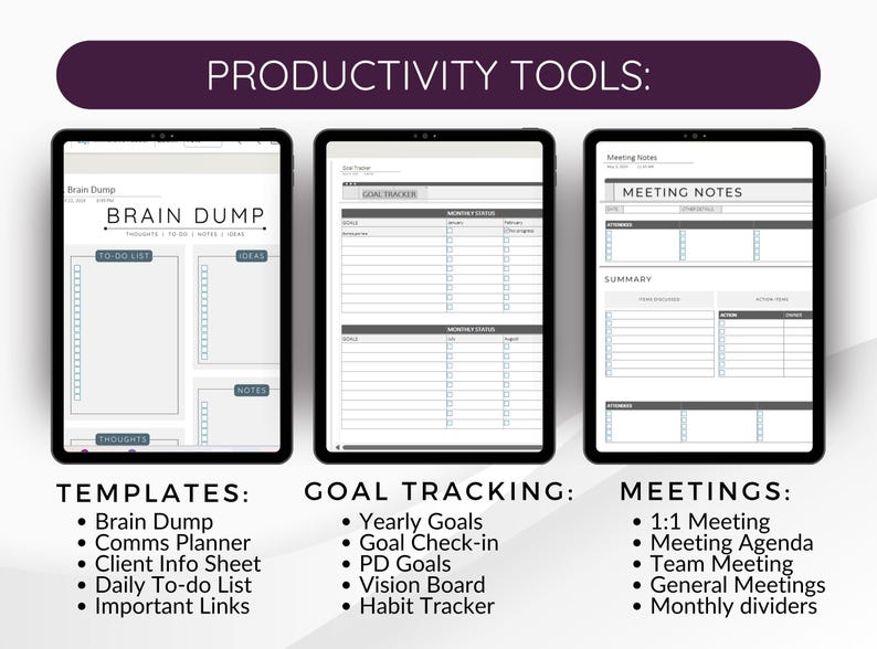 May include: Three digital tablets displaying productivity tools. The tablets show templates for Brain Dumps, goal tracking, and meeting notes. Text on the image includes "Productivity Tools," "Templates," "Goal Tracking," and "Meetings."