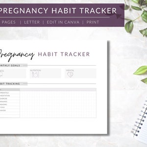 May include: A printable pregnancy habit tracker with a purple header that says "Pregnancy Habit Tracker" and a white background. The tracker includes sections for monthly goals, fitness, nutrition, mental health, and habit tracking. The habit tracking section includes a list of habits to track, such as prenatal vitamins, meditation, exercise, walking, reading, yoga, and water.