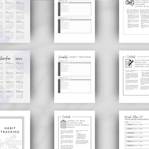 Pu&ograve; includere: Un set di pagine di pianificatore stampabili con uno sfondo ad acquerello. Le pagine includono un calendario per il 2023, un tracker delle abitudini settimanale, una sezione di pianificazione dei pasti e di tracciamento delle abitudini, una lista della spesa e un piano dei pasti.