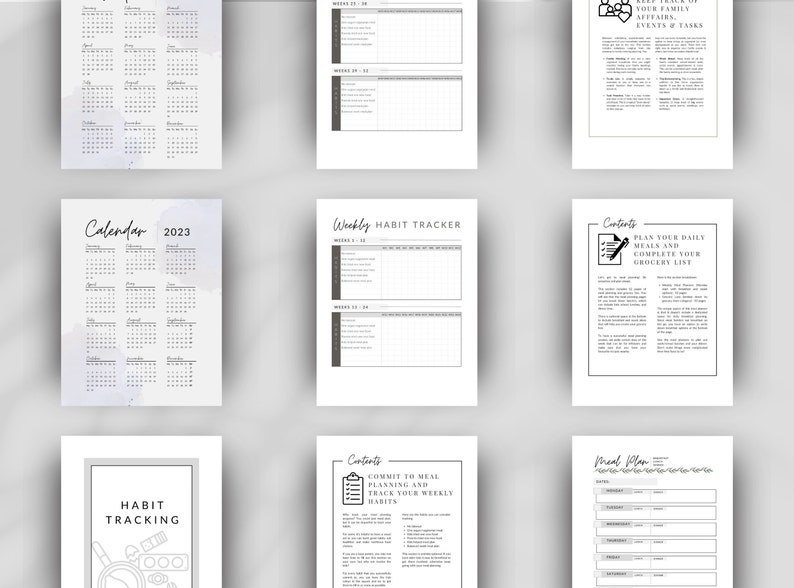 Pu&ograve; includere: Un set di pagine di pianificatore stampabili con uno sfondo ad acquerello. Le pagine includono un calendario per il 2023, un tracker delle abitudini settimanale, una sezione di pianificazione dei pasti e di tracciamento delle abitudini, una lista della spesa e un piano dei pasti.