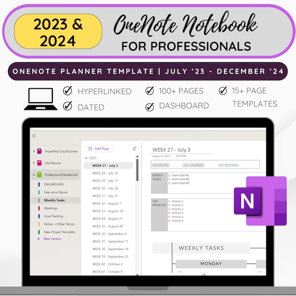 Agenda OneNote pour le travail, modèle OneNote professionnel, agenda Onenote, agenda de travail pour Windows, modèle d'agenda Onenote 2023-2024