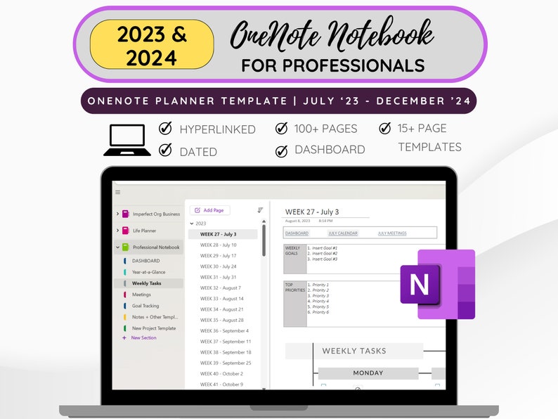 OneNote Planer für die Arbeit, Professional OneNote Vorlage, Onenote Planer, Arbeitsplaner für Windows, 2023-2024 Onenote Planer Vorlage Bild 1