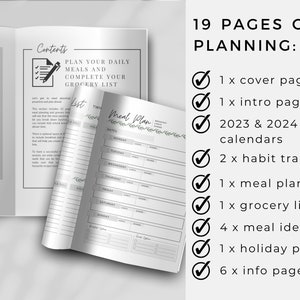 Pu&ograve; includere: Un planner stampabile in bianco e nero con 19 pagine per la pianificazione dei pasti, il monitoraggio delle abitudini e le liste della spesa. Il planner include una pagina di copertina, una pagina introduttiva, calendari 2023 e 2024, 2 tracker di abitudini, 1 planner dei pasti, 1 lista della spesa, 4 idee per i pasti, 1 planner di vacanza e 6 pagine informative.