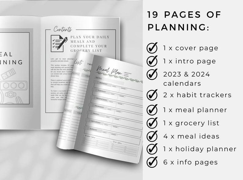 Pu&ograve; includere: Un planner stampabile in bianco e nero con 19 pagine per la pianificazione dei pasti, il monitoraggio delle abitudini e le liste della spesa. Il planner include una pagina di copertina, una pagina introduttiva, calendari 2023 e 2024, 2 tracker di abitudini, 1 planner dei pasti, 1 lista della spesa, 4 idee per i pasti, 1 planner di vacanza e 6 pagine informative.