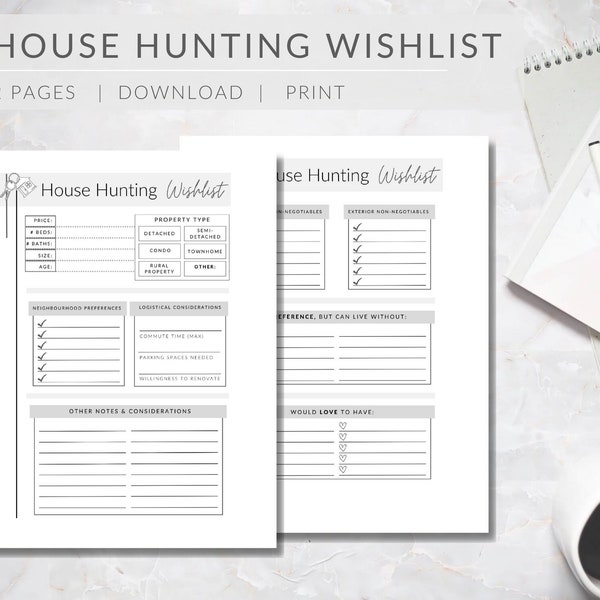 House Hunting Wish List Template  |  PRINTABLE House Hunting Checklist  |  MINIMALIST house search wish list  |  Home buyer wish list