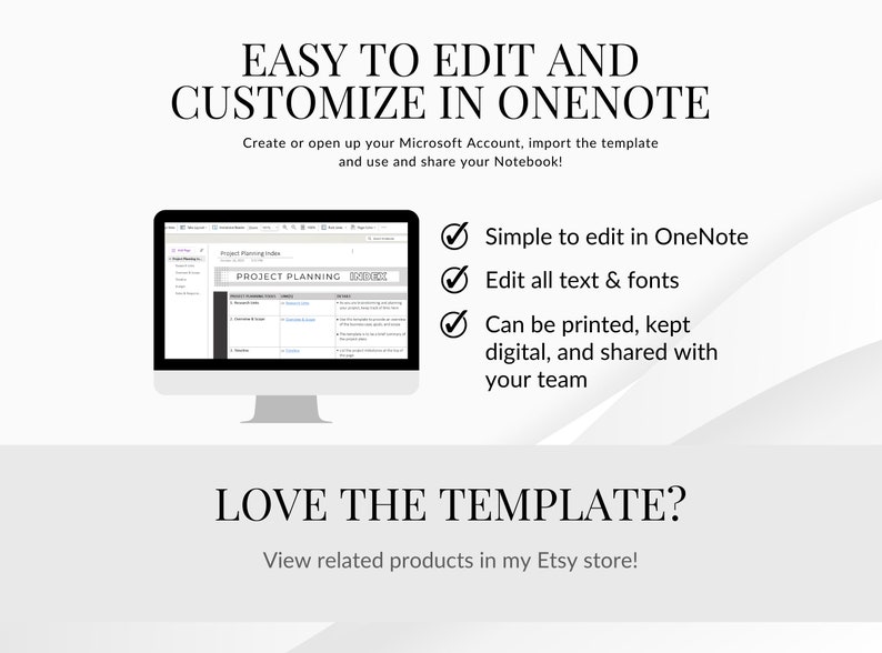 Pu&ograve; includere: Uno schermo di computer che mostra un modello di pianificazione di progetto in Microsoft OneNote. Il modello &egrave; facile da modificare e personalizzare, e pu&ograve; essere stampato, mantenuto digitale e condiviso con un team. Il testo sullo schermo dice "Project Planning Index" e "PROJECT PLANNING".