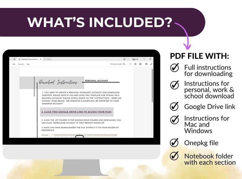 May include: A computer monitor displays a digital planner download with instructions. The screen shows "Download Instructions" and a Google Drive link. Accompanying text lists included items: full download instructions, Google Drive link, and OneNote file.