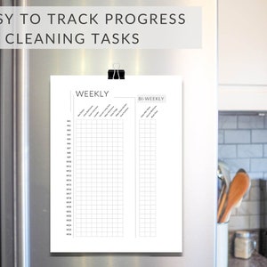 May include: A printable cleaning checklist with a grid for tracking weekly and bi-weekly tasks. The checklist is titled "Easy to Track Progress on Cleaning Tasks" and is labeled "Weekly" and "Bi-Weekly".