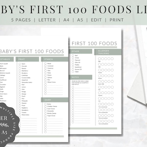 Baby First 100 Foods List  |  PRINTABLE Baby Led Weaning List  |  BLW Meal Planner  |  EDITABLE Baby first food tracker | A4 | A5 | Letter