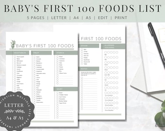 Baby First 100 Foods Liste | DRUCKBARE Baby Led Entwöhnungsliste | BLW Essensplaner | EDITIERBAR Baby erster Food Tracker | A4 | A5 | Buchstabe