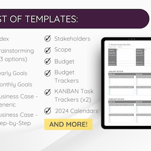 Pu&ograve; includere: Un elenco di modelli per la definizione degli obiettivi, la creazione di budget e la gestione dei progetti. L'elenco include modelli per l'indice, le parti interessate, l'ambito, il budget, i tracker di budget, gli obiettivi annuali, gli obiettivi mensili, il business case, i tracker di attivit&agrave; Kanban e i calendari 2024. L'immagine mostra anche un modello di esempio per la revisione degli obiettivi mensili.