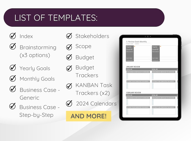 Pu&ograve; includere: Un elenco di modelli per la definizione degli obiettivi, la creazione di budget e la gestione dei progetti. L'elenco include modelli per l'indice, le parti interessate, l'ambito, il budget, i tracker di budget, gli obiettivi annuali, gli obiettivi mensili, il business case, i tracker di attivit&agrave; Kanban e i calendari 2024. L'immagine mostra anche un modello di esempio per la revisione degli obiettivi mensili.