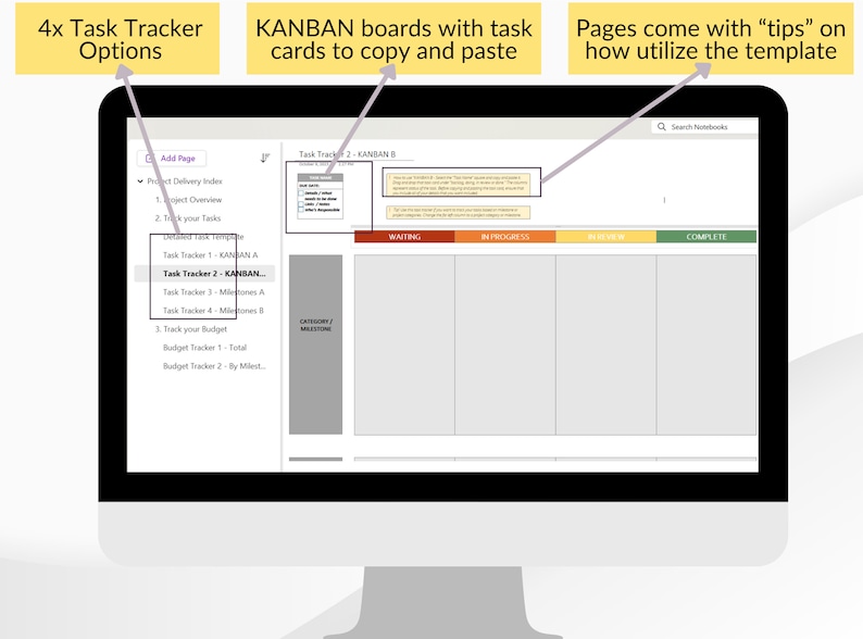 Pu&ograve; includere: Uno schermo di computer che mostra un modello di tracciamento delle attivit&agrave; con quattro opzioni: Indice di consegna del progetto, Panoramica del progetto, Traccia le tue attivit&agrave; e Traccia il tuo budget. Il modello include una bacheca Kanban con colonne per In attesa, In corso, Revisione e Completato. Il testo "Pages come with "tips" on how utilize the template" viene visualizzato nella parte superiore dello schermo.