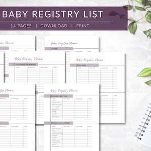 Könnte beinhalten: Eine druckbare Baby-Geschenklisten-Vorlage mit 14 Seiten. Die Liste ist in Kategorien wie Windeln, Kleidung (Neugeborene), Bad, Bettwäsche, Fütterung (Flasche), Fütterung (Stillen), Spielzeit und Sonstiges unterteilt. Jede Kategorie hat eine Tabelle mit Spalten für Artikel, Top-Pick, Ort und Kosten.