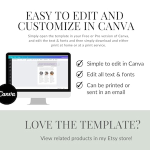 Pu&ograve; includere: Uno schermo di computer che mostra un modello Canva con il testo "EASY TO EDIT AND CUSTOMIZE IN CANVA". Il testo sotto lo schermo dice "Simple to edit in Canva, Edit all text & fonts, Can be printed or sent in an email". Il testo sotto lo schermo del computer dice "LOVE THE TEMPLATE? View related products in my Etsy store!"