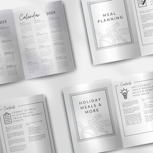 Pu&ograve; includere: Un planner aperto con una copertina argentata e testo nero. Il planner include sezioni per la pianificazione dei pasti, i pasti delle festivit&agrave; e le liste della spesa. Il planner include anche un calendario per il 2023 e il 2024.