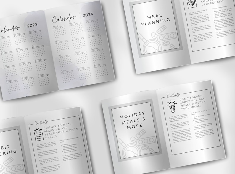 Pu&ograve; includere: Un planner aperto con una copertina argentata e testo nero. Il planner include sezioni per la pianificazione dei pasti, i pasti delle festivit&agrave; e le liste della spesa. Il planner include anche un calendario per il 2023 e il 2024.