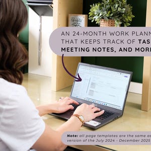 May include: A person using a laptop with a 24-month work planner open on the screen. The planner helps track tasks and meeting notes. Text on the image says, "An 24-month work planner that keeps track of tasks, meeting notes, and more!"