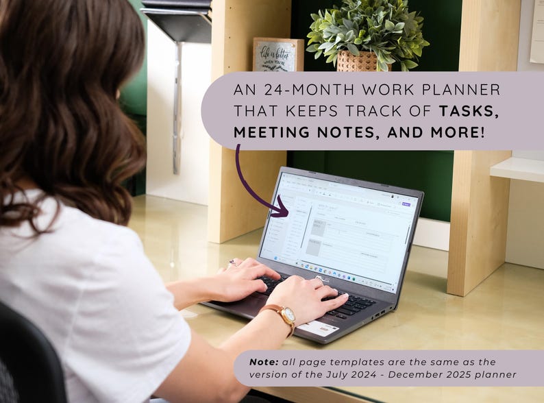 May include: A person using a laptop with a 24-month work planner open on the screen. The planner helps track tasks and meeting notes. Text on the image says, "An 24-month work planner that keeps track of tasks, meeting notes, and more!"