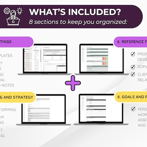 Puede incluir: Imagen con el texto "WHAT'S INCLUDED?" y "8 sections to keep you organized:". Cuatro port&aacute;tiles muestran diferentes secciones, incluyendo "2026 MEETINGS" y "REFERENCE FILES". La imagen tambi&eacute;n enumera elementos incluidos como plantillas y estrategias de planificaci&oacute;n.