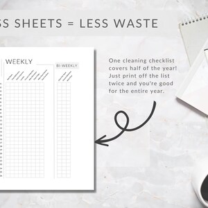May include: A black and white printable cleaning checklist with the text "LESS SHEETS = LESS WASTE" at the top. The checklist is divided into two sections: "WEEKLY" and "BI-WEEKLY". The text "One cleaning checklist covers half of the year! Just print off the list twice and you're good for the entire year." is also included.