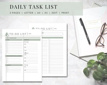 Planificateur de tâches quotidiennes minimaliste | Modèle de liste de tâches quotidiennes modifiable | Liste de contrôle quotidienne IMPRIMABLE | Planificateur quotidien | Verdure | Lettre | A4 A5