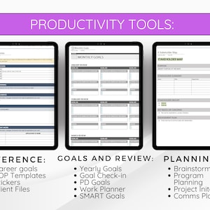 Puede incluir: Tres tabletas digitales que muestran herramientas de productividad. El banner superior dice "HERRAMIENTAS DE PRODUCTIVIDAD:". Las tabletas muestran plantillas para notas de aprendizaje, objetivos mensuales y un mapa de partes interesadas. Debajo hay listas de referencia, objetivos y revisi&oacute;n y planificaci&oacute;n.