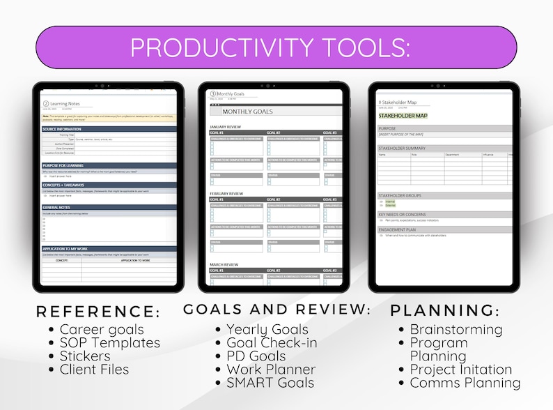Puede incluir: Tres tabletas digitales que muestran herramientas de productividad. El banner superior dice "HERRAMIENTAS DE PRODUCTIVIDAD:". Las tabletas muestran plantillas para notas de aprendizaje, objetivos mensuales y un mapa de partes interesadas. Debajo hay listas de referencia, objetivos y revisi&oacute;n y planificaci&oacute;n.