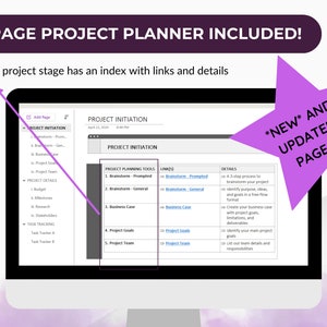 May include: A computer screen displaying a project initiation page with a list of project planning tools, links, and details. The page is part of an 11-page project planner. The text "*NEW* AND UPDATED PAGES" is displayed in a purple star shape.