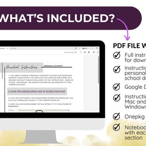 Puede incluir: Un monitor de ordenador muestra un planificador digital con instrucciones de descarga y una lista de archivos PDF incluidos. Los archivos PDF incluyen instrucciones completas, un enlace de Google Drive e instrucciones para Mac y Windows.