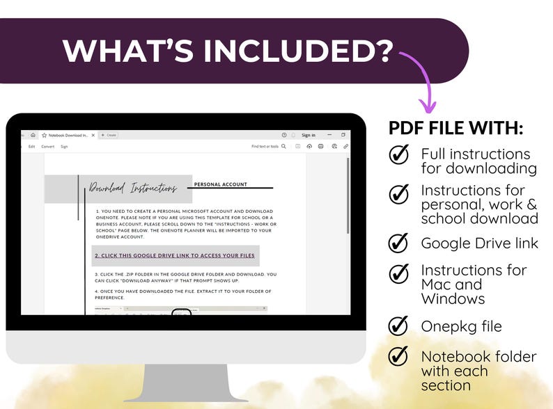 Puede incluir: Un monitor de ordenador muestra un planificador digital con instrucciones de descarga y una lista de archivos PDF incluidos. Los archivos PDF incluyen instrucciones completas, un enlace de Google Drive e instrucciones para Mac y Windows.