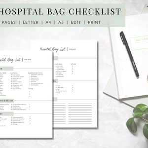 Hospital Bag Checklist  |   Baby Hospital Bag List  |  PRINTABLE hospital bag essentials  |   EDITABLE greenery theme hospital bag list