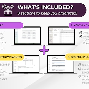 Puede incluir: Una imagen que muestra un planificador digital con el texto "&iquest;QU&Eacute; INCLUYE?" y "8 secciones para mantenerte organizado:". La imagen muestra cuatro computadoras port&aacute;tiles con diferentes secciones del planificador, incluido un panel, calendarios mensuales, planificadores semanales y notas de reuniones.