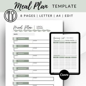 May include: Printable meal planner template with a green and white color scheme. The template includes a weekly meal plan with sections for lunch and dinner, and a grocery list. The text "Meal Plan" is written in cursive at the top of the page. The text "Grocery List" is written at the top of the grocery list section. The text "Twice Weekly" is written next to the grocery list title. The text "Canva" is written in a black circle at the bottom of the grocery list section.