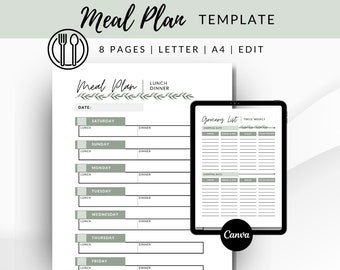 Editable Meal Planner Template, Mom Meal Planner, Printable Family Meal Planner, CANVA Meal Plan Template, Greenery theme meal planner PDF