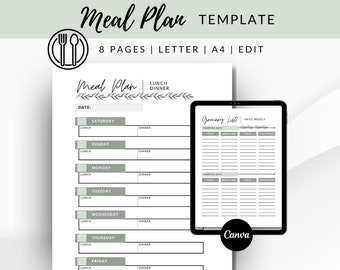 Modèle de planificateur de repas modifiable, planificateur de repas pour maman, planificateur de repas familial imprimable, modèle de plan de repas CANVA, planificateur de repas sur le thème de la verdure PDF