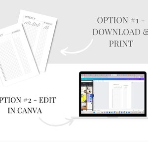 May include: Two options for using a weekly planner template: download and print or edit in Canva. The image shows a printable planner template and a laptop screen displaying the same template open in Canva.