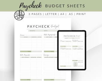 Lönebudgetplanerare: Utskrivbara budgetblad (US Letter, A4, A5) (PDF)