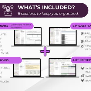 May include: An image showcasing a digital planner with the text "WHAT'S INCLUDED?" and "8 sections to keep you organized:". The planner includes sections for meeting notes, project planning, goal tracking, and other templates, displayed on laptop screens.