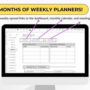 Puede incluir: Una pantalla de ordenador muestra un planificador digital con el texto "&iexcl;18 MESES DE PLANIFICADORES SEMANALES!". El planificador incluye secciones para prioridades semanales, plazos y tareas, con enlaces a paneles, calendarios mensuales y reuniones.