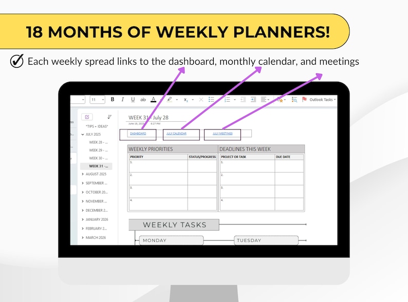 Puede incluir: Una pantalla de ordenador muestra un planificador digital con el texto "&iexcl;18 MESES DE PLANIFICADORES SEMANALES!". El planificador incluye secciones para prioridades semanales, plazos y tareas, con enlaces a paneles, calendarios mensuales y reuniones.