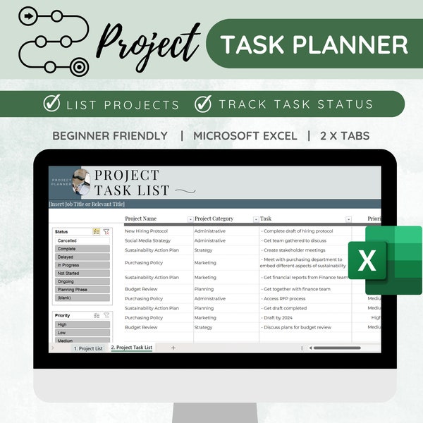 Project Task Planner, Excel Task Tracker, Project Management, Simple project planner, Project To-do List, Business Planner spreadsheet