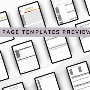 Pu&ograve; includere: Una raccolta di modelli di pagina di pianificatore digitale da utilizzare in un'app di pianificatore digitale. I modelli sono visualizzati su uno sfondo bianco. I modelli includono un tracker di budget, un ordine del giorno della riunione, una pagina di brainstorming e una pagina di obiettivi annuali.