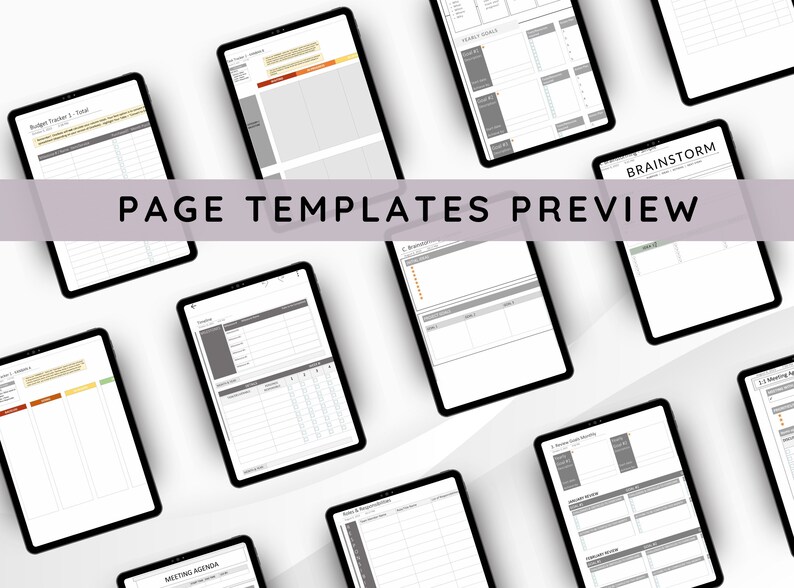 Pu&ograve; includere: Una raccolta di modelli di pagina di pianificatore digitale da utilizzare in un'app di pianificatore digitale. I modelli sono visualizzati su uno sfondo bianco. I modelli includono un tracker di budget, un ordine del giorno della riunione, una pagina di brainstorming e una pagina di obiettivi annuali.
